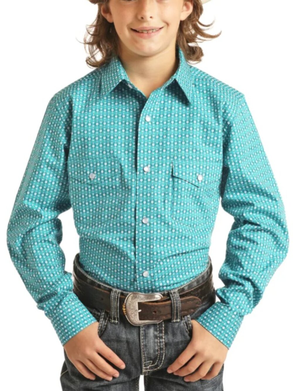 NEW Boys Panhandle Roughstock Carribean Turquoise Snap Western Shirt Size M